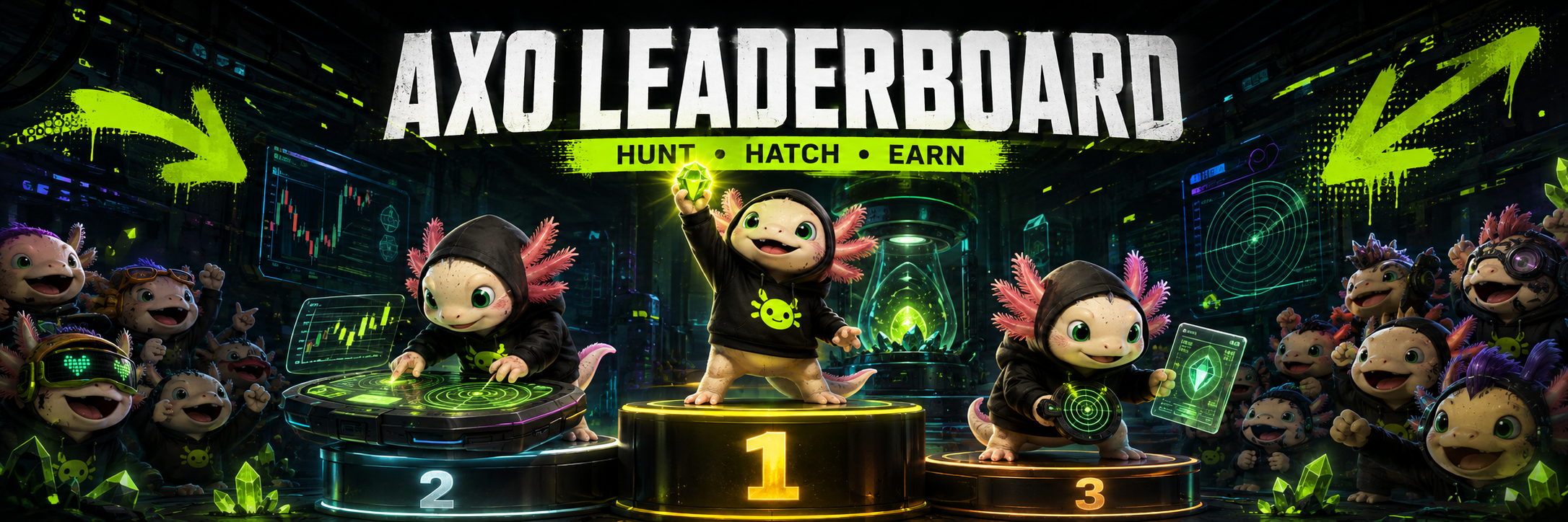 AXO Leaderboard — Hunt, Hatch, Earn — with AXO companions on the winner podium